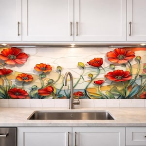 Red Poppy Glass Backsplash Panel, Made in USA Floral Kitchen Stove Backsplash, Decorative Tempered Glass Wall Art, Modern Farmhouse Tile