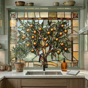 May include: A stained glass window depicting an orange tree with green leaves and ripe oranges. The window is set in a kitchen with a sink, faucet, and countertop. A small potted plant sits on the countertop. The window is framed in a light green color.