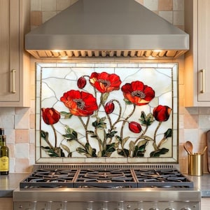 Stained Glass Look Backsplash for Kitchen, Tempered Glass Wall Art, Red Poppy Floral Mosaic, Cooktop Stove Backsplash Panel, Heat Resistant