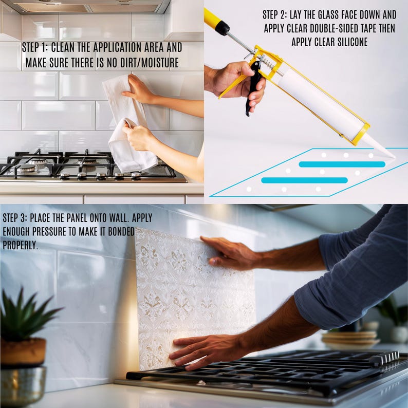 May include: A three-step guide for installing a decorative panel. The steps include cleaning the application area, applying double-sided tape and silicone, and placing the panel on the wall. The panel has a floral design.