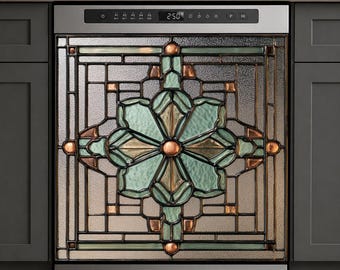 Funda magnética para lavavajillas con diseño de vidrieras Art Déco, revestimiento geométrico floral para electrodomésticos, elegante decoración de cocina, panel magnético extraíble.