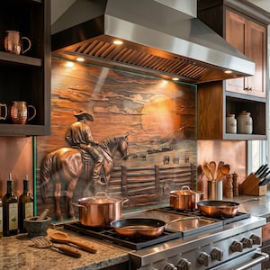 May include: A kitchen with copper accents and a western-themed backsplash featuring a cowboy on horseback. Copper pots and pans sit on a gas range. Wooden shelves hold copper mugs and bottles of oil.
