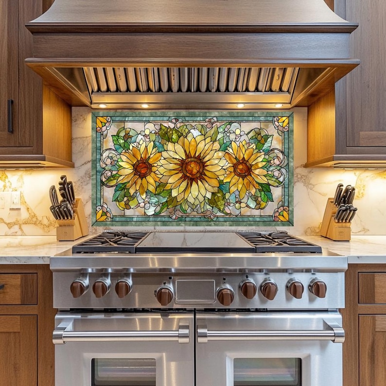 May include: A stained glass kitchen backsplash featuring three large sunflowers with yellow petals and brown centers. The sunflowers are surrounded by green leaves and decorative swirls, set against a marble background.