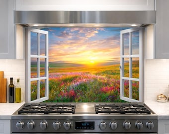 Salpicadero con paisaje natural de campo de flores - Salpicadero de vidrio templado para decoración de pared de cocina y sala de estar - Regalo de inauguración de la casa con vista panorámica