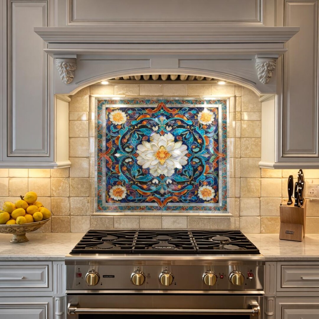 Blue Floral Glass Backsplash Panel for Kitchen – Ornate Tile Pattern ...
