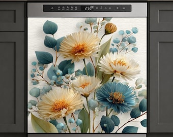 Funda magnética para lavavajillas con estampado floral azul, decoración de cocina estilo cottagecore con motivos florales, revestimiento botánico para electrodomésticos, panel magnético extraíble.