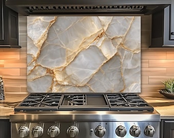 Salpicadero de cristal de ónix blanco, arte mural de mármol de lujo para cocina, panel antisalpicaduras de vidrio templado con vetas doradas para estufa