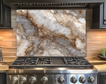 Salpicadero de cristal azul grisáceo ónix, arte mural de mármol de lujo para cocina, panel de protección contra salpicaduras de vidrio templado con vetas doradas para estufa