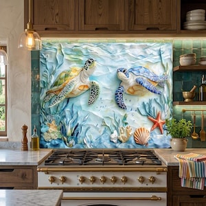 May include: A rectangular kitchen backsplash panel featuring a three-dimensional relief of two sea turtles swimming in light blue water. The scene includes sculpted coral, a red starfish, and a seashell at the bottom, all rendered in shades of blue, green, and white.