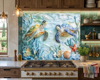 Protector antisalpicaduras de cristal con forma de tortuga marina para cocina, panel de vidrio templado con efecto 3D para cocina, cubierta trasera para estufa con temática oceánica, decoración de pared para cocina de estilo costero.
