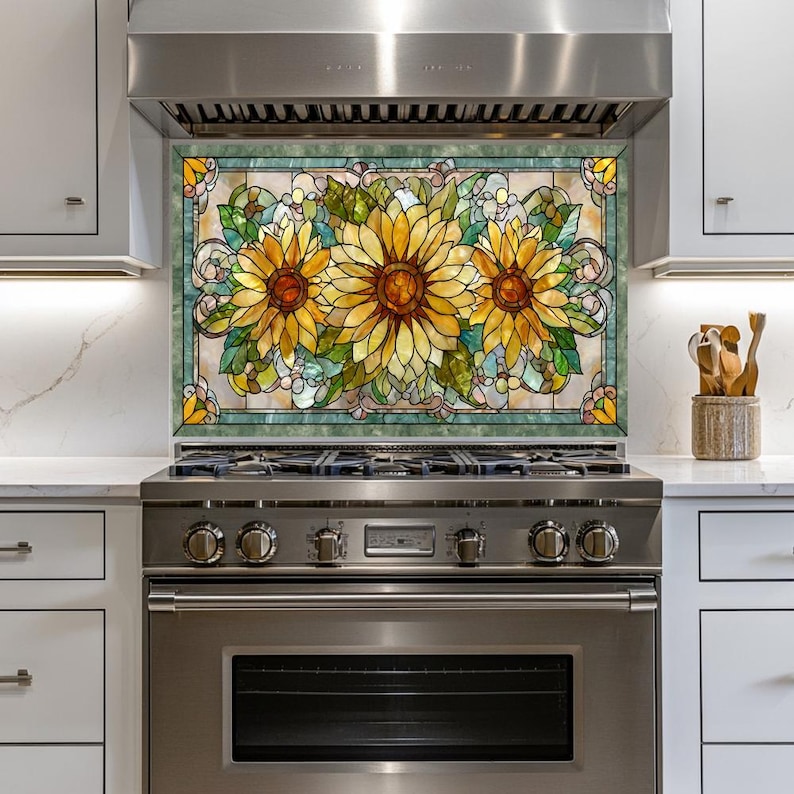 May include: A decorative kitchen backsplash featuring a stained glass design with three large sunflowers. The sunflowers have yellow petals and brown centers, surrounded by green leaves and a light green border. The backsplash is installed above a stainless steel stove.