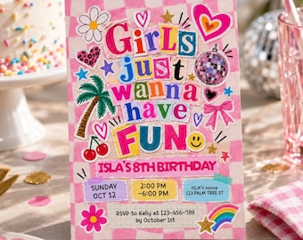 May include: A rectangular birthday invitation card with a pink and white checkered background. The text reads Girls just wanna have FUN, ISLA'S 8TH BIRTHDAY, SUNDAY OCT 12, 2:00 PM-6:00 PM, ISLA's house 123 PALM TREE ST, and RSVP to Kelly at 123-456-789 by October 1st. Decorated with colorful stickers including a palm tree, disco ball, hearts, stars, and cherries.