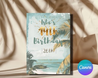 Birthday Invitation Template | Tropical Beach Birthday Card | Editable 5x7 Printable | Coastal Boho Party Invite