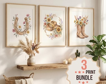 Western boho aquarel muurkunst set van 3, cowboyhoed laarzen wilde bloemenprint, boerderijdecor, digitale download