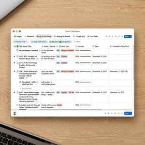 May include: A computer screen displaying a "Smart Database" interface. The interface shows a table with task names, descriptions, work types, and completion dates. The status of the tasks is marked as "Completed."