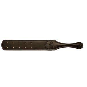 May include: A dark brown leather paddle with a handle. The paddle has a series of evenly spaced rivets and a decorative emblem near the handle. The handle is curved for grip.