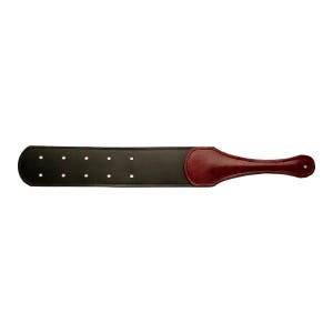 May include: A black leather paddle with a burgundy handle. The paddle has a series of evenly spaced holes and a rounded end. The handle is a darker shade of burgundy and has a curved shape.