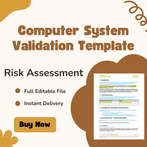 Peut inclure: Un modèle numérique intitulé "Computer System Validation Template" avec "Risk Assessment" en gras. Comprend "Full Editable File" et "Instant Delivery". Un bouton "Buy Now" est également visible.