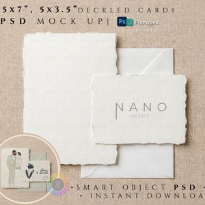 May include: A mock-up featuring deckled edge cards and envelopes. The cards are various sizes, including 5x7 inches and 5x3.5 inches. The text "NANO ARCHIVE" is printed on one card. The image also includes the text "SMART OBJECT PSD JPG INSTANT DOWNLOAD".