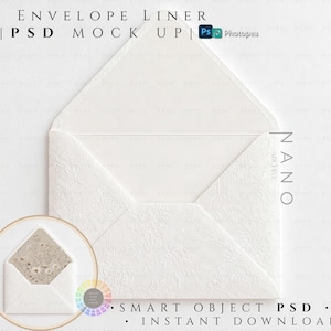 May include: A white envelope with a textured surface, open to reveal the interior. The text "ENVELOPE LINER | PSD MOCK UP" is at the top. A smaller, circular image shows the envelope's interior design. Additional text includes "SMART OBJECT PSD • JPG • INSTANT DOWNLOAD".