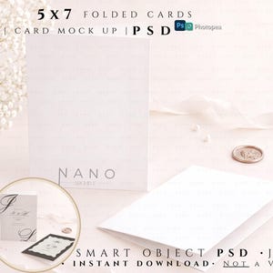 May include: A 5x7 folded card mockup featuring a blank white card standing upright and another lying flat. The standing card displays the text NANO ARCHIVE at the bottom. A circular inset shows a sample card design with elegant script lettering.