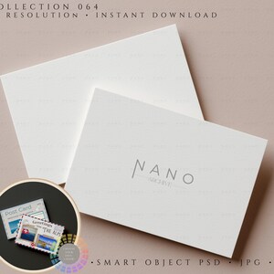 May include: Two white rectangular cards, one slightly overlapping the other, with the text "NANO ARCHIVE" in gray. A circular graphic at the bottom left shows postcards and a color palette. The top of the image has the text "COLLECTION 064".