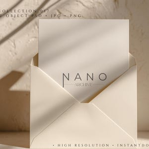 May include: A cream-colored envelope with a white card inside, featuring the text "NANO ARCHIVE" in a minimalist font. The image also includes the text "COLLECTION 017" and "HIGH RESOLUTION • INSTANT DOWNLOAD".