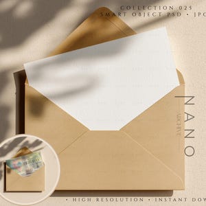 May include: A tan envelope with a white card inside, set against a neutral background with shadows. A smaller circular image shows a miniature envelope with a colorful insert. Text includes "COLLECTION 025", "SMART OBJECT PSD", and "NANO ARCHIVE".