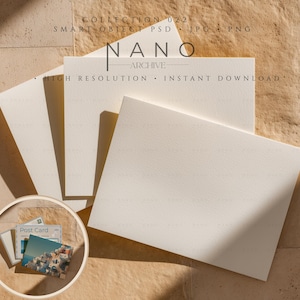 May include: A collection of cream-colored blank cards and postcards arranged on a textured, light brown surface. The cards are rectangular, with the text "NANO ARCHIVE" and "HIGH RESOLUTION INSTANT DOWNLOAD" visible. A small circular arrangement of postcards is in the lower left.