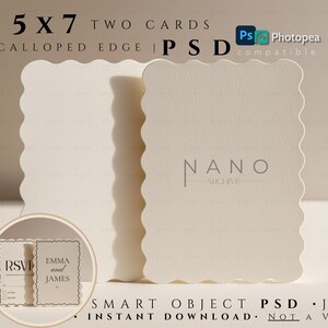 May include: Two off-white 5x7 inch cards with scalloped edges. The cards have the text "NANO ARCHIVE" printed on them. A smaller circular image shows RSVP and name cards. The image also includes the text "SMART OBJECT PSD JPG INSTANT DOWNLOAD NOT A VECTOR".