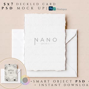 May include: A mock-up of a 5x7 inch deckled card with a white envelope. The card has the text "NANO ARCHIVE" printed on it. A smaller card with floral design and the text "JEFF & LIZ 19" is also included. The image also contains the text "SMART OBJECT PSD JPG INSTANT DOWNLOAD".