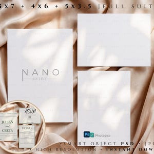May include: A stationery suite mockup featuring white cards and inserts with the text "NANO ARCHIVE", "JULIAN and GRETA", "RSVP", and "DETAILS". The suite includes 12.7x17.8cm, 10.2x15.2cm, and 12.7x8.9cm cards, with "SMART OBJECT PSD" and "INSTANT DOWNLOAD" text.