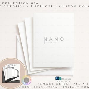 May include: A stack of white 5x7 inch cards with an envelope, featuring the text "NANO ARCHIVE". A smaller circular image shows cards with a street lamp design. The text "COMING SOON" is visible on the cards. The image also includes text: "COLLECTION 096".