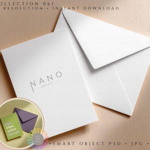 May include: A stationery mockup featuring a white card and envelope, with the word "NANO" and "ARCHIVE" printed on the card. A small card with the words "bye, ciao, adios, see ya" is also included. The image is set against a neutral background.