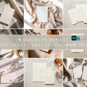 Paquete de maquetas de papelería, conjunto de maquetas de invitaciones de boda, 9 maquetas de tarjetas PSD de 5x7, 4x6 y 5x3.5, maquetas de marca minimalistas neutras, estética beige.