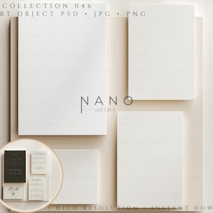 Op de afbeelding: Een mockup met vier witte rechthoekige kaarten en een cirkelvormige weergave van uitnodigingskaarten. De kaarten zijn gerangschikt op een lichtbeige achtergrond. De tekst "COLLECTION 046" en "NANO ARCHIVE" zijn zichtbaar. De tekst "SMART OBJECT PSD • JPG • PNG" en "HIGH RESOLUTION • INSTANT DOWNLOAD" is ook aanwezig.
