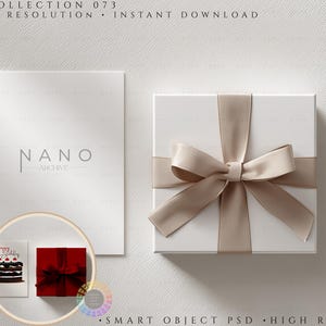 May include: A white gift box tied with a beige satin ribbon, next to a white card with the text "NANO ARCHIVE". A small card with a birthday cake illustration and a red gift box are also present. The image has the text "COLLECTION 073".