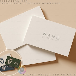 May include: A mock-up of business cards and stationery. The main cards are white with the text "NANO ARCHIVE" in gray. A smaller circle shows sample cards with floral designs and the text "Mary & Gareth". The background is a light tan color.