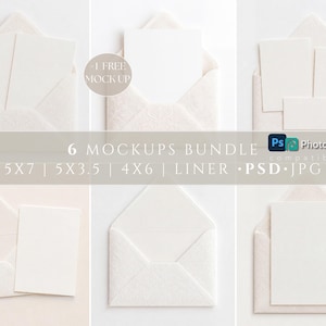 Pode incluir: Um pacote de mockups de papelaria, cada um apresentando um cartão branco dentro de um envelope texturizado. A imagem inclui o texto "6 MOCKUPS BUNDLE" e as dimensões "5X7 | 5X3.5 | 4X6 | LINER • PSD • JPG".