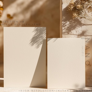 May include: Two off-white folded cards and a rectangular card stand upright, with the word "NANO" and "ARCHIVE" printed on the cards. The cards are set against a textured background with shadows and dried flowers.