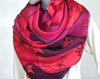 scarf silk red pink purple handpainted
