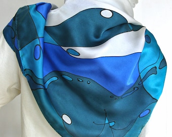 scarf blue, turquoise, white handpainted