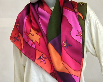 scarf silk orange, pink, oliv, lila  handpainted