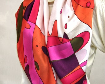 scarf silk white, pink, orange handpainted