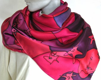 scarf silk red purple violet handpainted