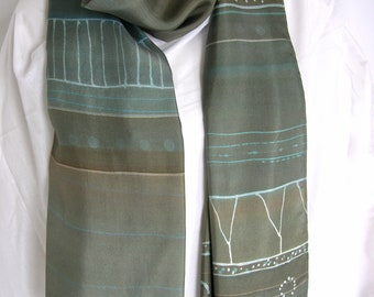 shawl silk handpainted handprinted reed-green, olive, petrol on Etsy