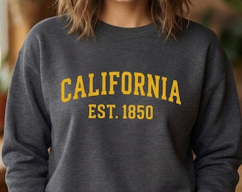 Sudadera California Est. 1850, estilo universitario vintage, cuello redondo, sudadera clásica con orgullo estatal, sudadera California Lover