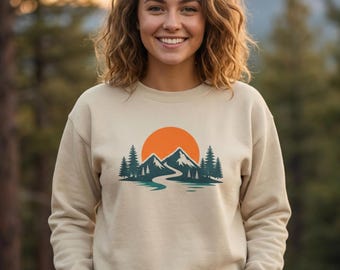 Mountain Sweatshirt, Mountain Landscape Sweatshirt, Mountain Retro Sunset Sweatshirt, Outdoor Hiking Camping Sweatshirt