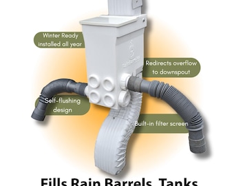 Best Downspout Diverter - Patented Rain Barrel Diverter, Self-Flushing Clog-Resistant Downspout System - For Roofs & Eavestroughs / Gutters