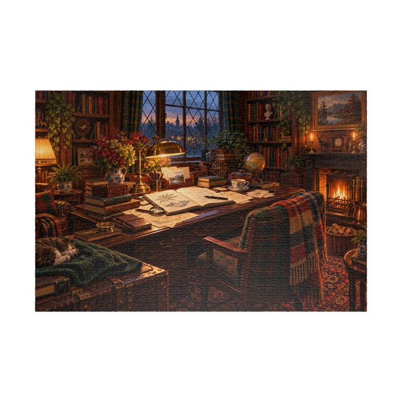Puzzle Library Display Cozy Library Jigsaw Puzzle, Scholar's Writing Desk at Dusk, Dark ...